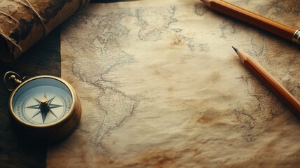 Poster - Vintage map with compass and pencil on weathered surface inviting exploration and discovery. Generative AI
