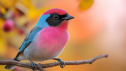 Wall Mural - Vibrant Songbird Perched on a Branch Amidst a Colorful Autumn Background with Soft Focus and Warm Tones