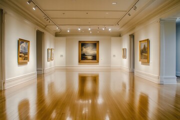 Aufkleber - Luxurious art gallery showcasing exquisite paintings with polished wooden floors and elegant lighting. Generative AI