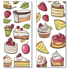 Two Seamless Pattern with Cakes, Cupcakes, Pie Slices and fruits. Background with Bakery Sweets. One line style. Can be yused like Banner, Flyer, Cover, Poster, Texture, Border