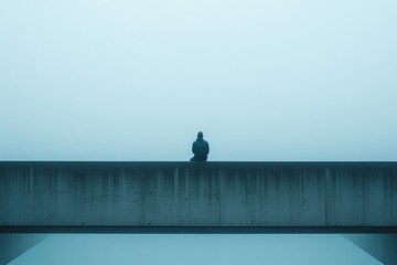 Poster - Lone figure reflects on life while sitting at the edge of a foggy bridge during a quiet morning. Generative AI