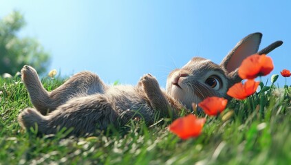 Adorable cartoon rabbit relaxing on a sunny day amidst vibrant wildflowers, capturing the essence of tranquility and playful innocence in a colorful outdoor setting.