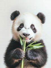 Poster - Panda happily munching on bamboo with greenery in the background and space for text. Generative AI
