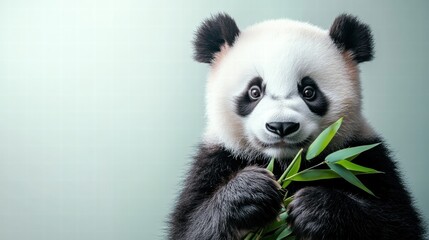 Poster - Panda holding bamboo in a calm indoor setting with a soft background and ample space for text. Generative AI
