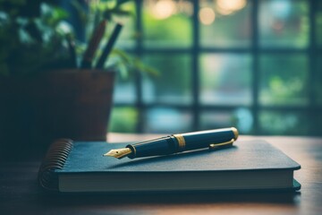 Aufkleber - Luxury fountain pen with gold accents resting on a dark notebook in a serene indoor setting during warm evening light. Generative AI