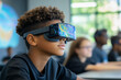 © ALL YOU NEED studio - Tech-Driven Education Photo of a student using augmented reality glasses to explore a 3D map on a digital interface, sitting in a modern classroom with natural light pouring in