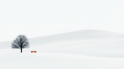 Wall Mural - Solitary Tree and Empty Orange Bench in Vast White Snowy Landscape Under Overcast Sky