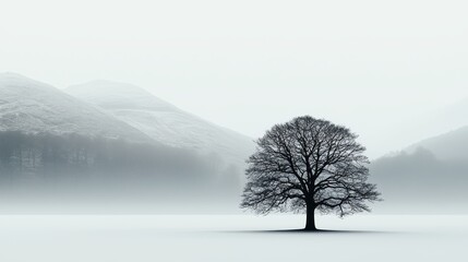 Wall Mural - Solitary Tree in Foggy Landscape with Mountains and Soft Light at Dusk Capturing Nature's Beauty