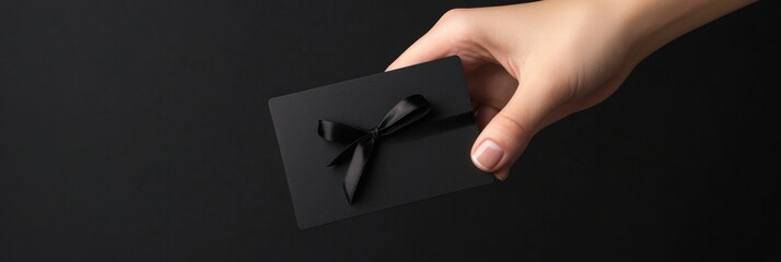 Aufkleber - Hand holding a sleek black gift card with a ribbon against a dark background, ideal for thoughtful present ideas. Generative AI
