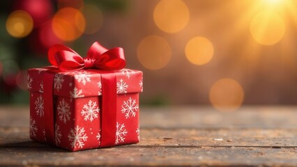 A beautifully wrapped gift box featuring a red ribbon and bow on a table