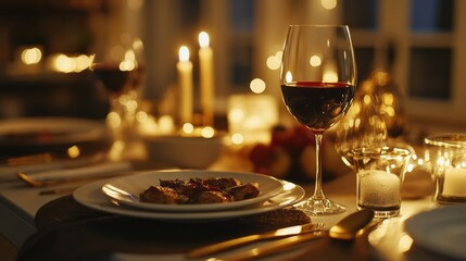 Poster - Elegant dining experience with gourmet cuisine and fine wine during a cozy evening gathering. Generative AI