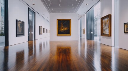 Poster - Luxurious art gallery showcasing stunning exhibits on a calm afternoon with elegant wooden floors and bright lighting. Generative AI