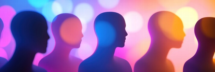 Poster - Abstract faceless avatars in vibrant colors with blurred bokeh background offering space for text and creative mockups. Generative AI