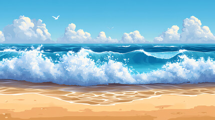 Waves crashing against shore, blue ocean. Seabreeze. Illustration