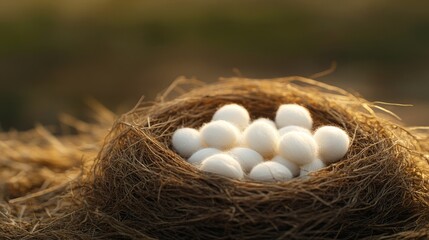 A Close-Up View of a Nest Filled with Freshly Laid White Eggs Surrounded by Natural Straw in a Soft Warm Light Setting for Rustic Beauty