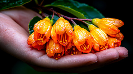 Sticker - A hand holds vibrant orange flowers, glistening with water droplets against a dark background, showcasing nature's beauty and detail.