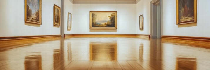 Poster - Luxurious art gallery showcasing stunning paintings in an elegant interior with polished wooden floors and soft lighting. Generative AI