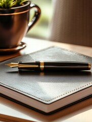 Aufkleber - Luxury fountain pen with gold accents resting on a leather notebook beside a potted plant in a well lit workspace. Generative AI