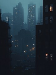Aufkleber - Mysterious cityscape at night with dimly lit windows creating an eerie atmosphere. Generative AI