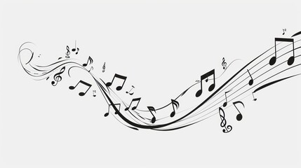 Flowing musical notes and staves on a white background.