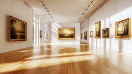Poster - Luxurious art gallery featuring beautiful paintings and elegant architecture bathed in natural light. Generative AI