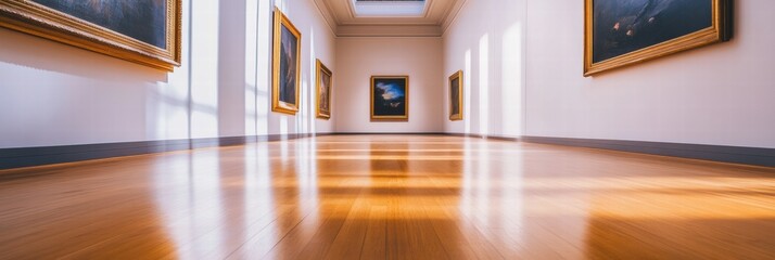 Poster - Luxurious art gallery showcasing exquisite paintings with natural light illuminating polished wooden floors. Generative AI