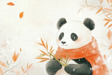 Poster - Charming panda in a cozy scarf enjoys bamboo surrounded by autumn leaves and gentle snowfall in a serene setting. Generative AI