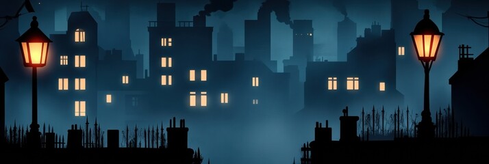 Poster - Dark cityscape with faintly illuminated windows casting a mysterious glow at night. Generative AI