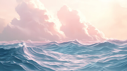 Wall Mural - A serene view of gentle ocean waves under a soft, hazy sky, creating a calm and peaceful atmosphere. Seabreeze. Illustration