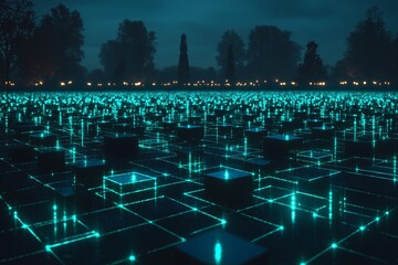 Poster - A grid of glowing, interconnected nodes in neon blue and green.