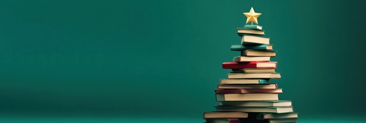 Aufkleber - Creative Christmas tree design made of stacked books against a green background showcasing festive spirit and literary love. Generative AI
