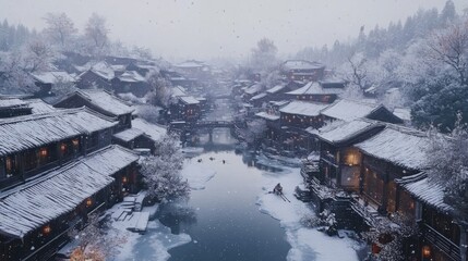 Poster - Snow Covered Village Scenic Winter River Scene