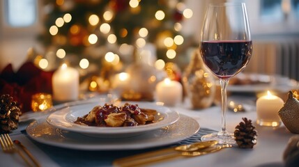 Poster - Elegant dining setup featuring gourmet dish and fine wine in a festive atmosphere. Generative AI