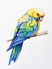 Poster - Bright parrot with vivid colors perched on branch, offering ample space for text and creative designs. Generative AI