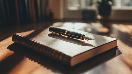 Aufkleber - Luxury fountain pen with gold accents resting on a leather bound notebook during morning light in a cozy workspace. Generative AI