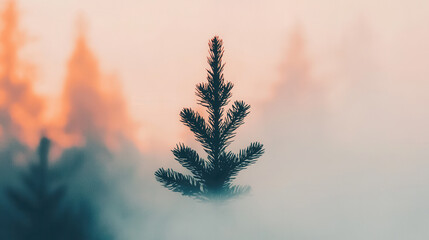 Misty pine tree at sunrise, ethereal tranquility in nature