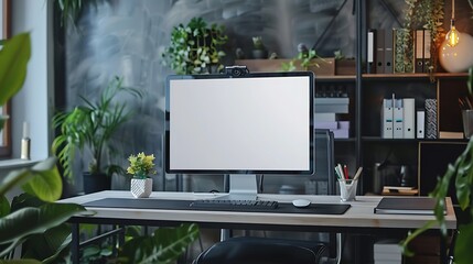 A sleek computer monitor with a blank screen on a modern desk, surrounded by minimalist office decor