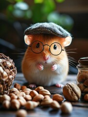 Poster - Cute hamster with round glasses and tiny cap surrounded by nuts on a wooden surface in a cozy atmosphere. Generative AI