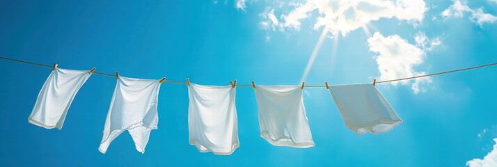Poster - Bright white clothes hang on a clothesline under a sunny blue sky with fluffy clouds creating a serene atmosphere. Generative AI