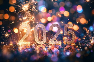 Wall Mural - celebrate 2025 fireworks with glittering numbers against sparkling bokeh background, new years eve, closeup, photorealistic