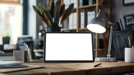 A tablet with a blank screen in a modern office, with a blank screen for product display and advertisement 