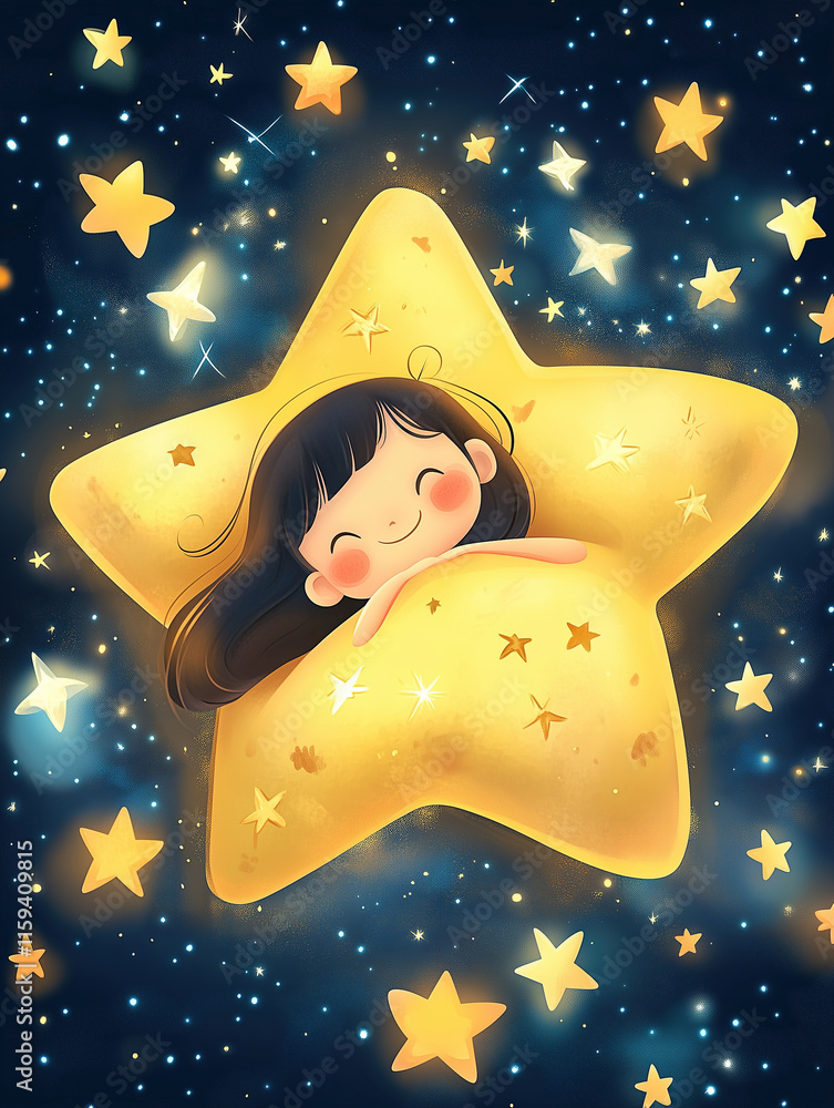 Cartoon illustration of a little girl sleeping in stars Stock ...