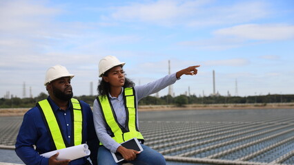 black persons of electrical engineers or workers work on-site floating solar panels or solar cell pl