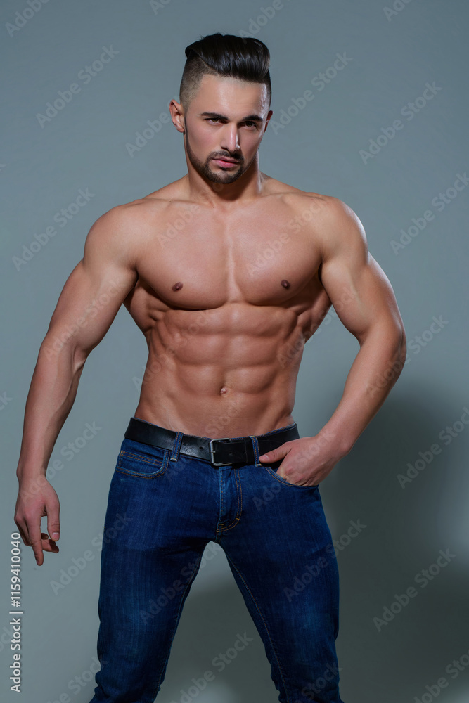 Strong man with muscular body. Sexy male bare torso. Shirtless athletic