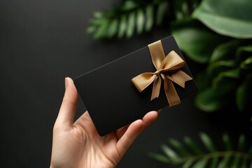 Poster - Hand holding a sleek black gift card with a gold bow against a dark background with greenery. Generative AI
