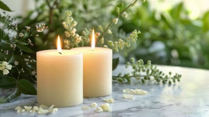 Lit candles on a marble surface with a soft-focus background of green foliage and flowers.