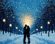 © Creator88 - Vibrant acrylic of a romantic couple sharing a midnight kiss under golden fireworks in a snowy park