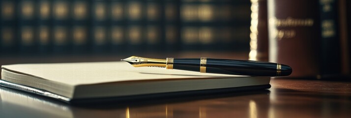 Aufkleber - Luxury fountain pen with gold accents resting on a blank notepad in an elegant study setting. Generative AI