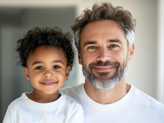 Father and son share a joyful moment together in a bright indoor space filled with warmth and happiness