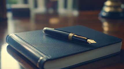 Aufkleber - Luxury fountain pen with gold accents resting on an elegant leather notebook in a sophisticated office setting. Generative AI